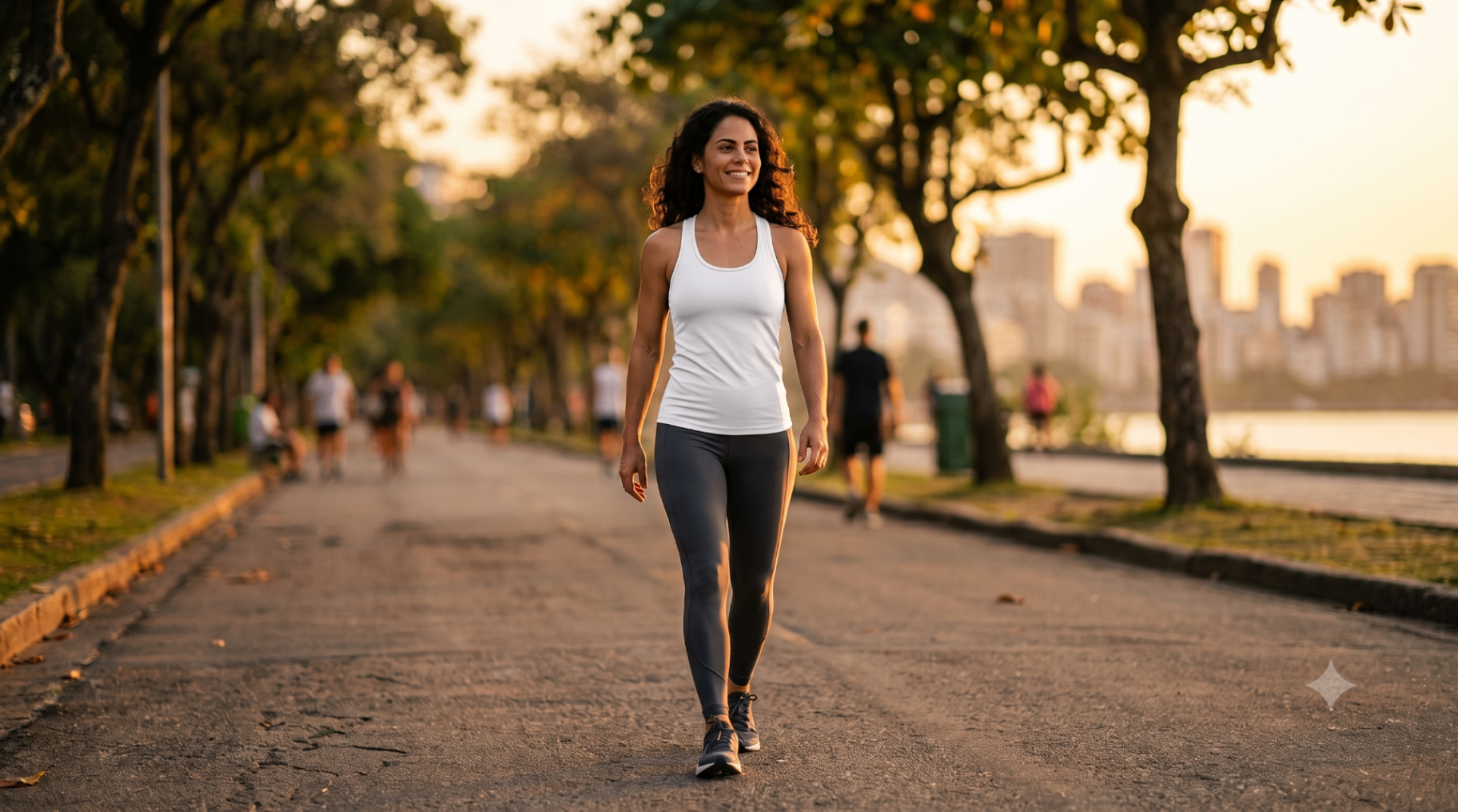 Mulher caminhando ao entardecer em um parque